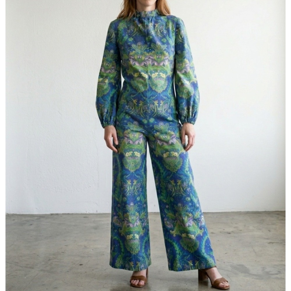Vintage Handmade Psychedelic Disco Funky Baroque 1970s Woven Tapestry Jumpsuit